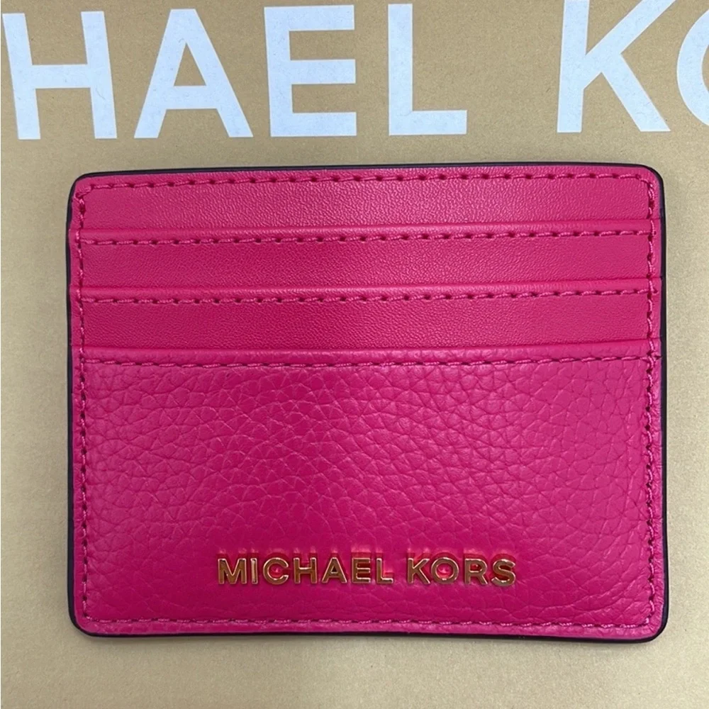 MICHAEL KORS Large Pebbled Leather Card Holder Case Electric Pink  NWT